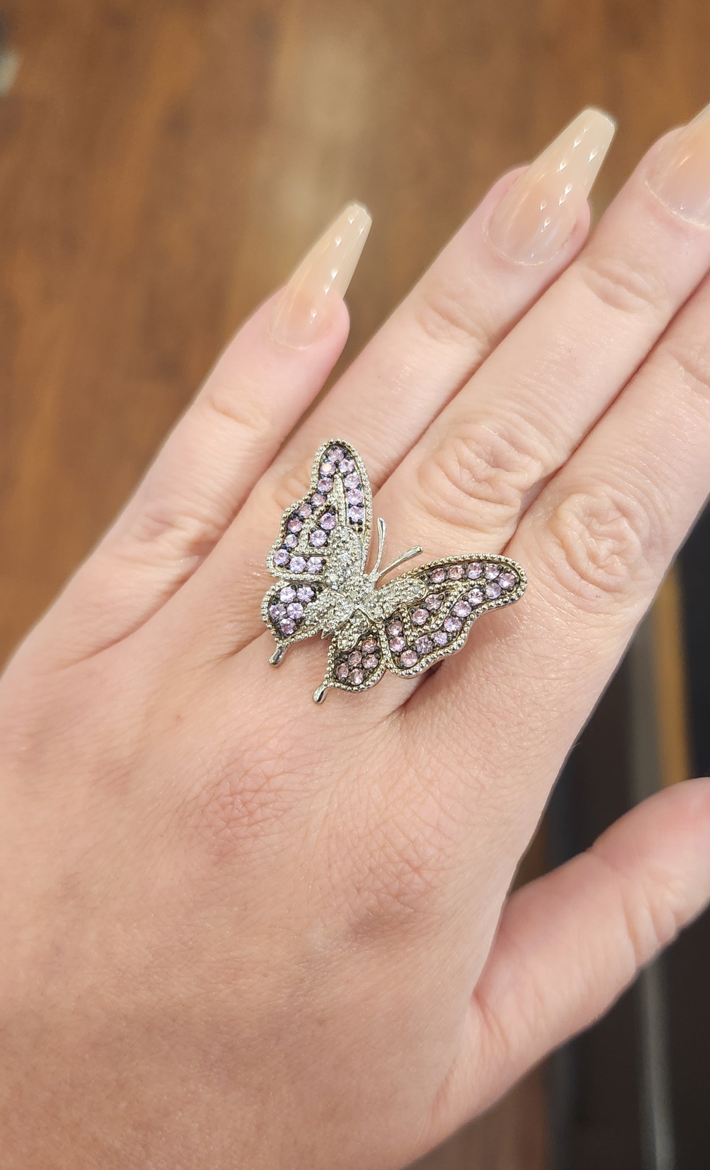 Sterling silver pink tourmaline butterfly ring