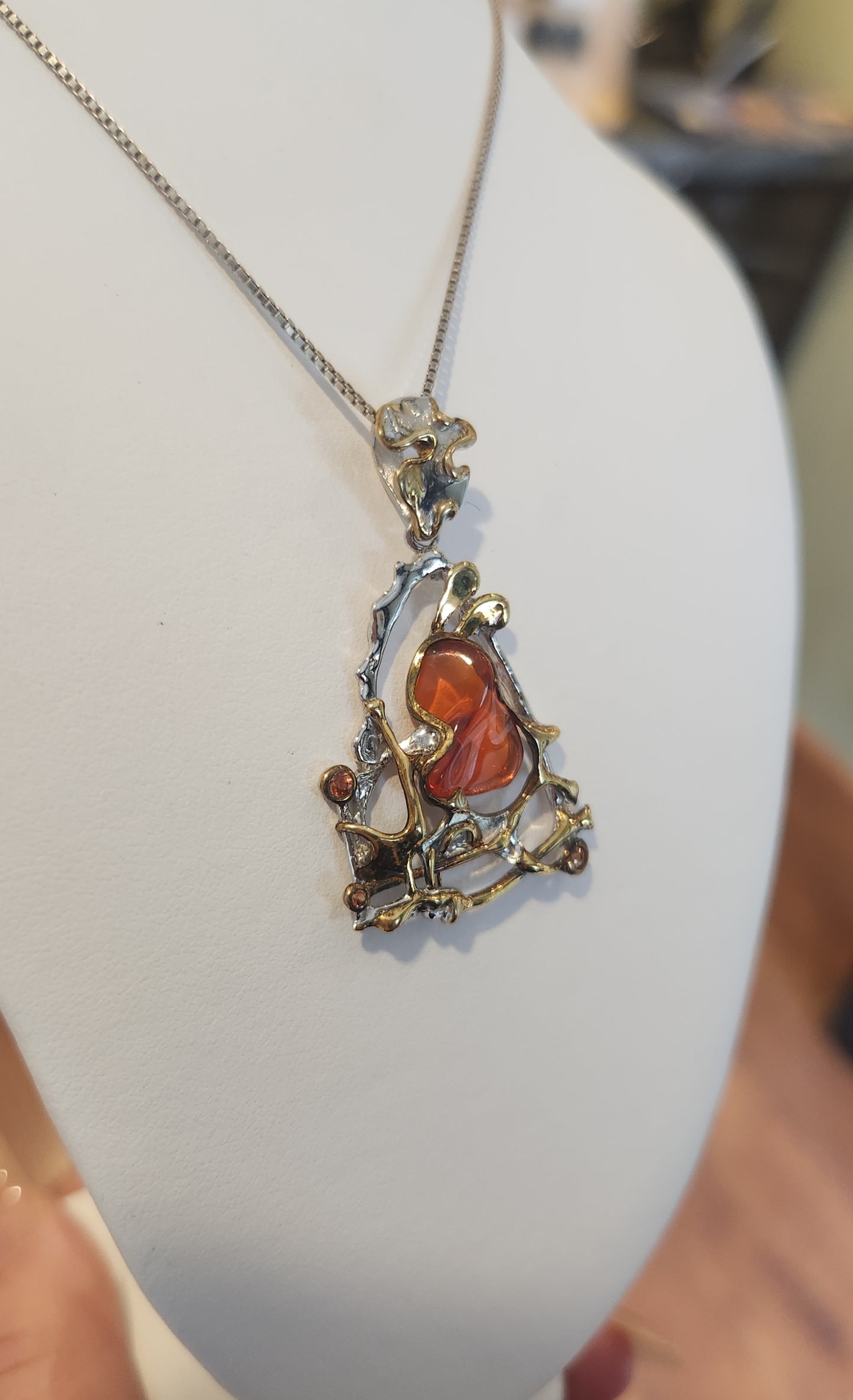 Sterling silver large Mexican fire opal pendant with tourmaline