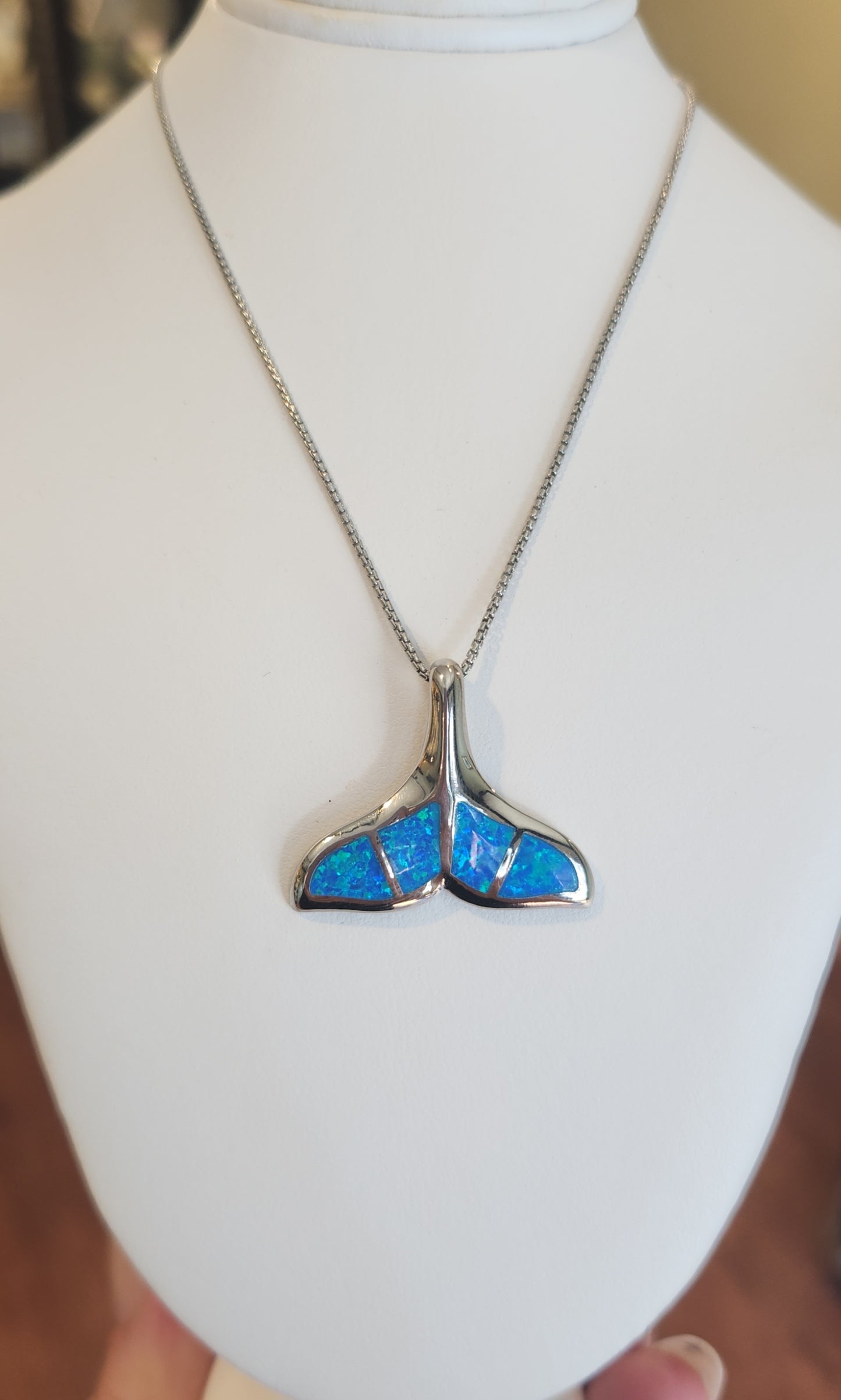 Sterling silver large kyocera opal whale tail pendant