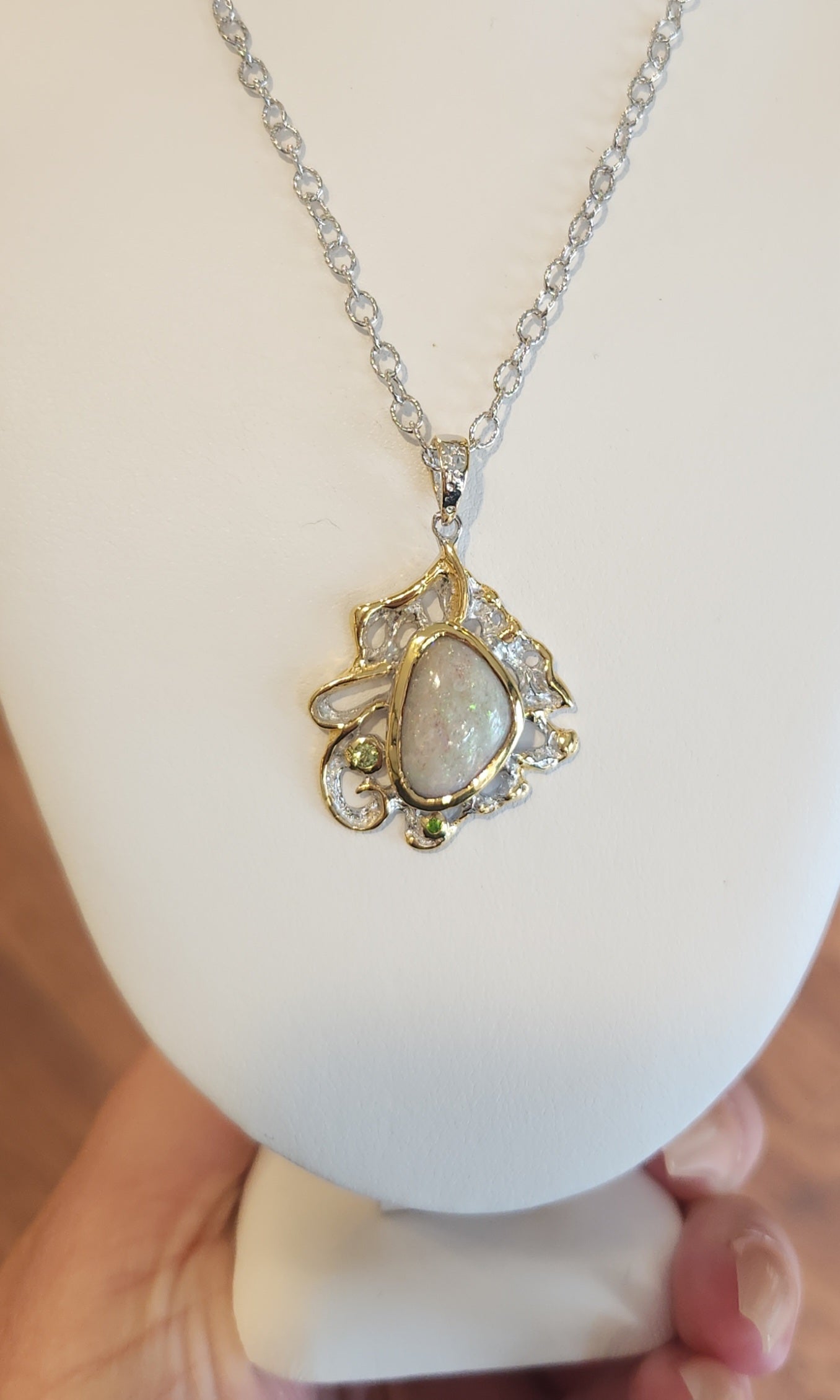 Sterling silver australian opal pendant with green tourmaline