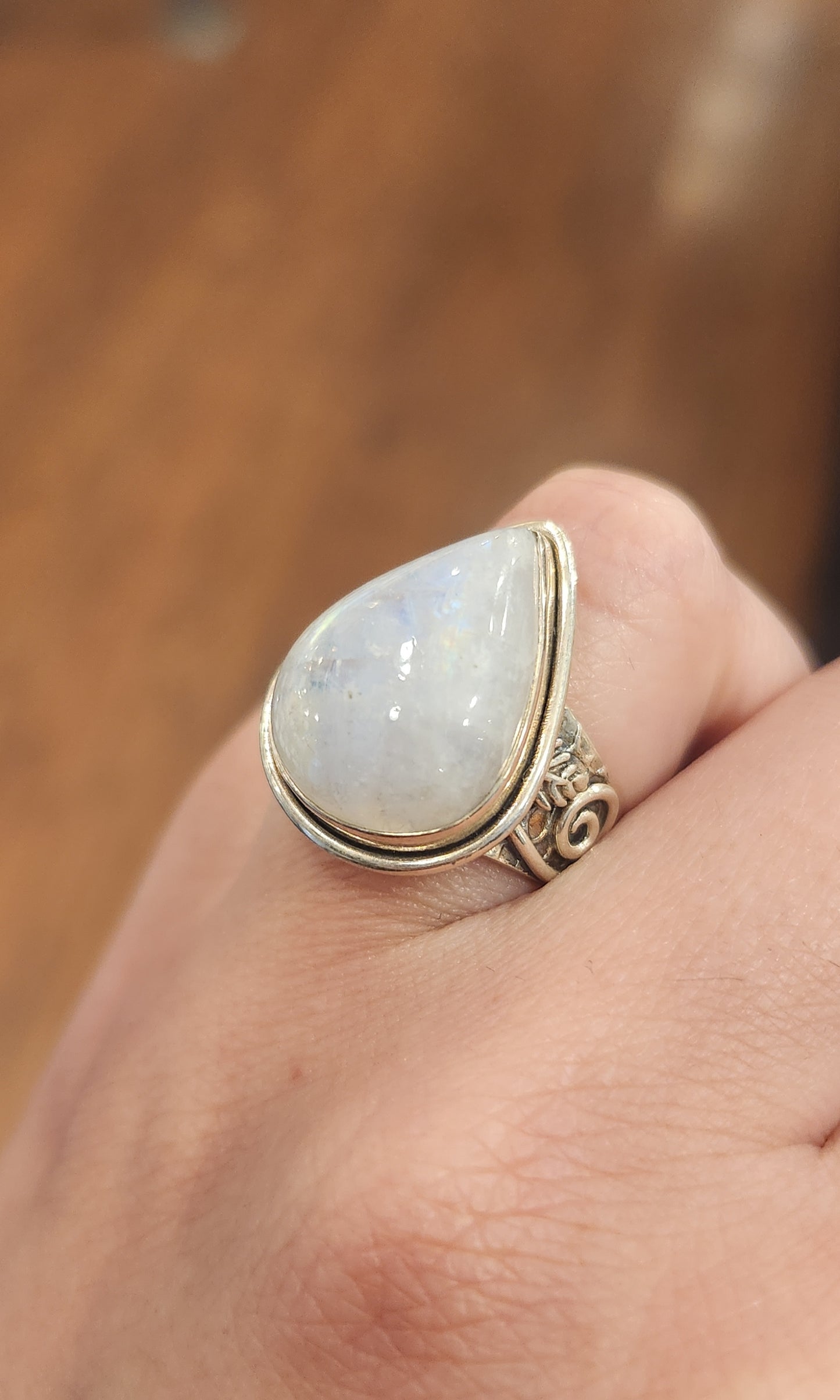 Sterling silver pear-shaped rainbow moonstone statement ring