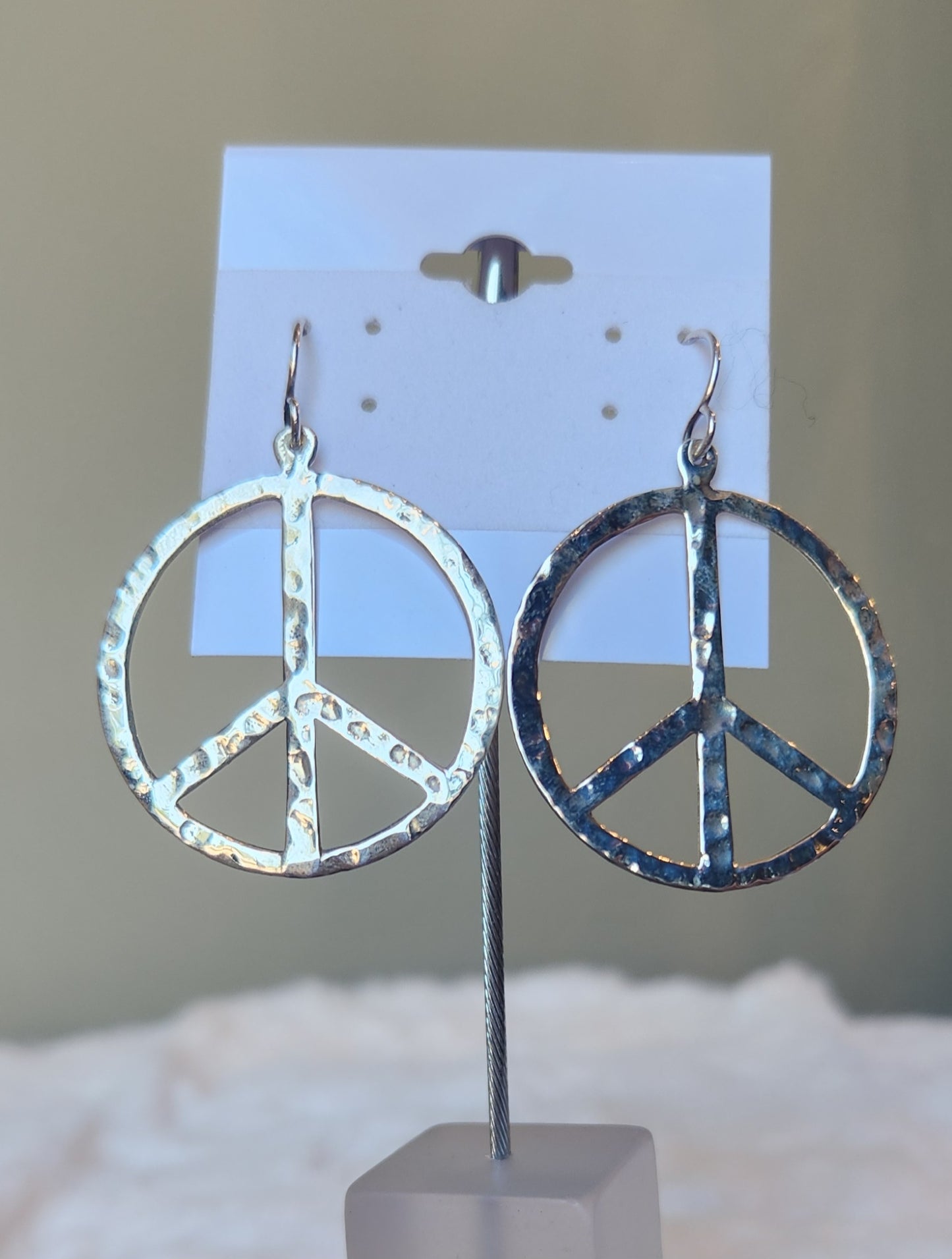 Sterling silver hammered peace sign dangle earrings