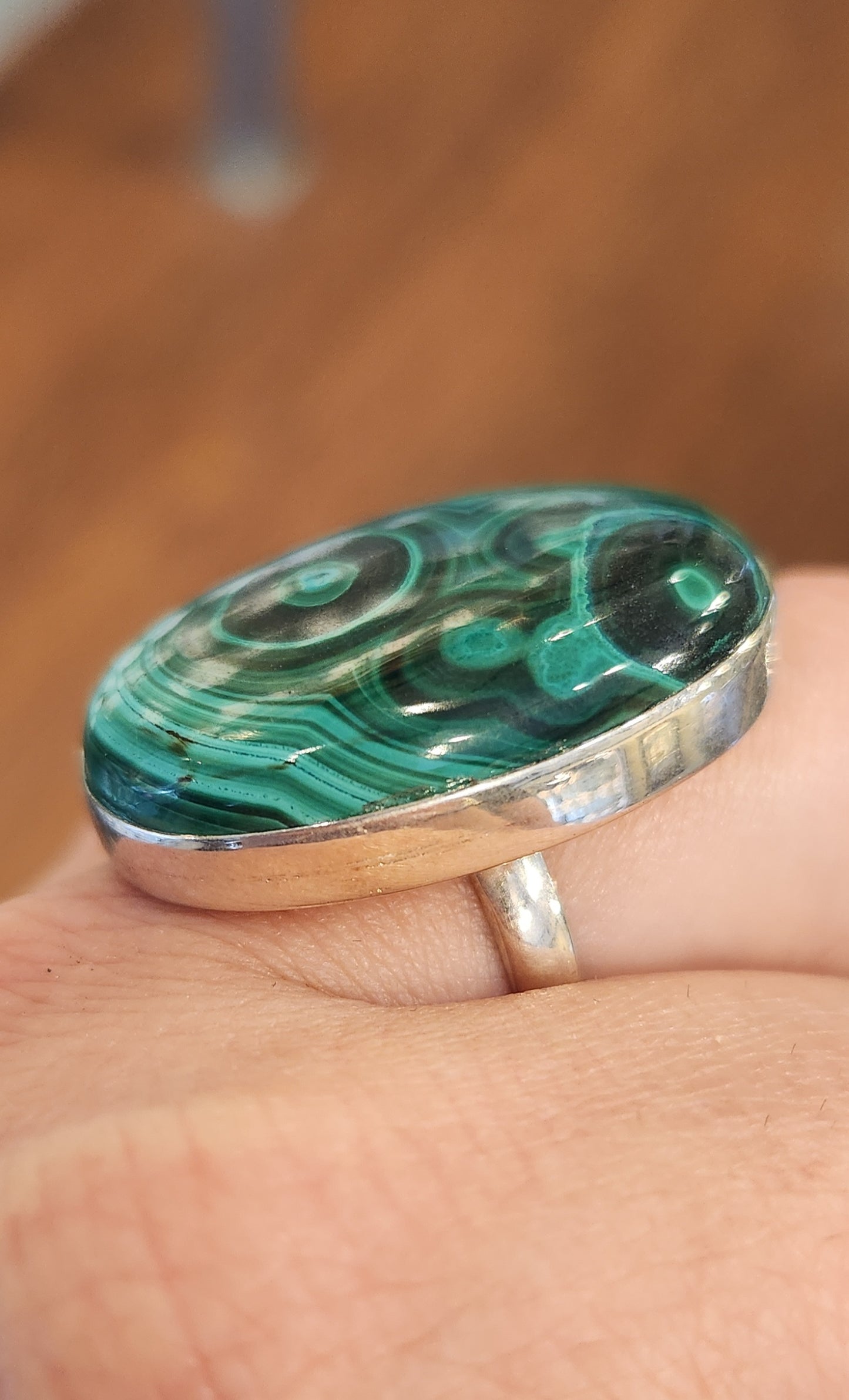 Sterling silver oval malachite statement ring