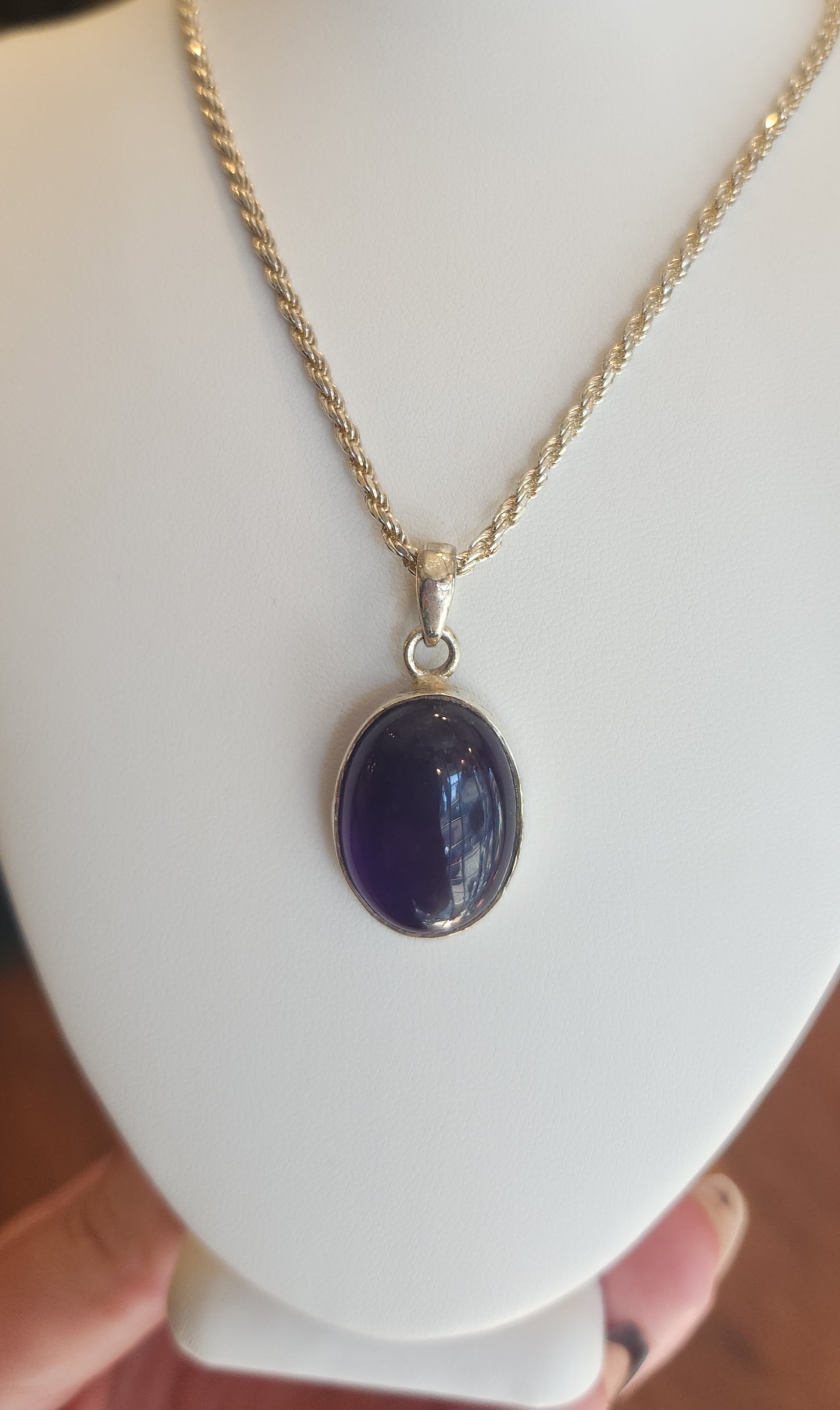 Sterling silver amethyst cabochon pendant with rope chain