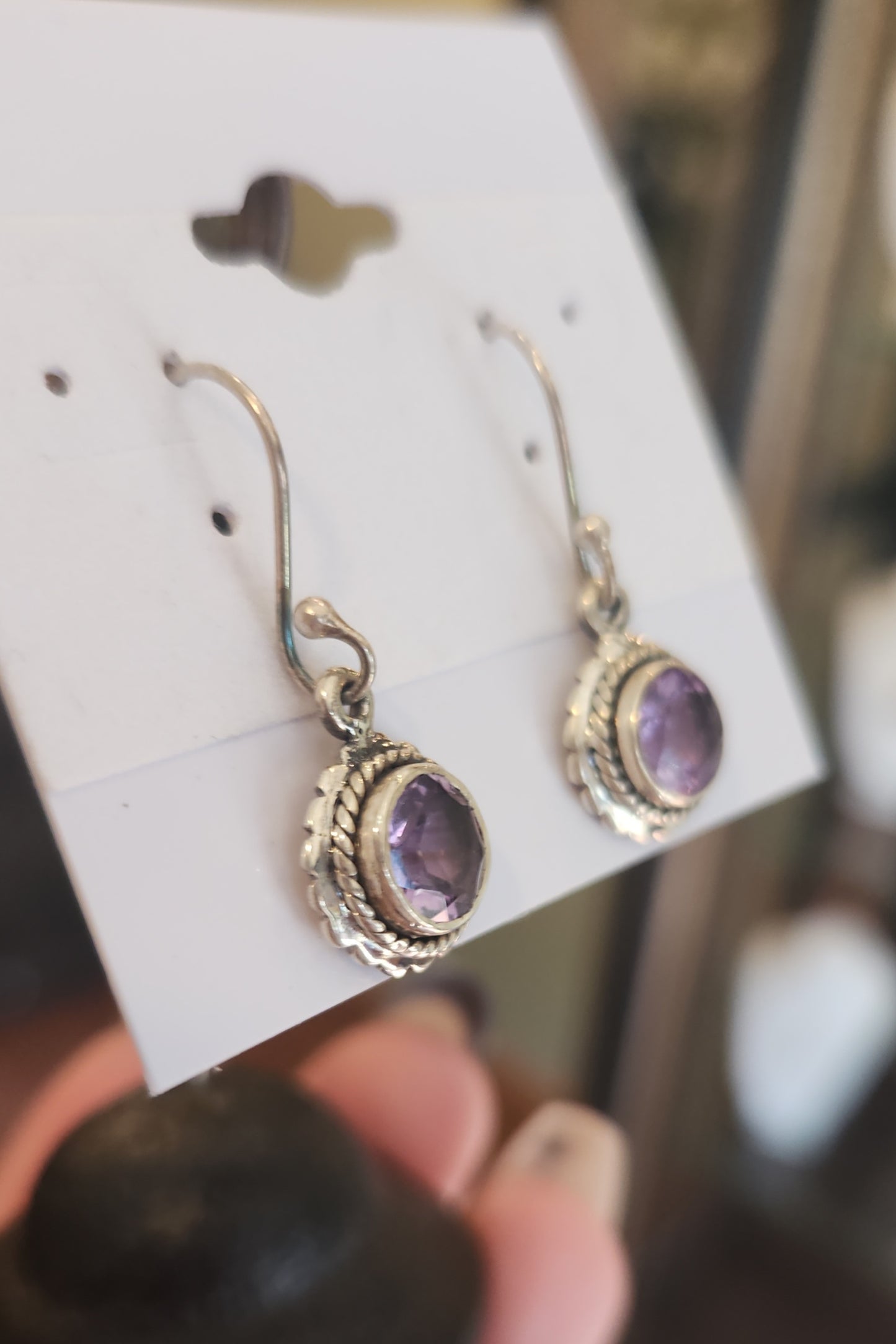 Sterling silver round amethyst bezel set dangle earrings