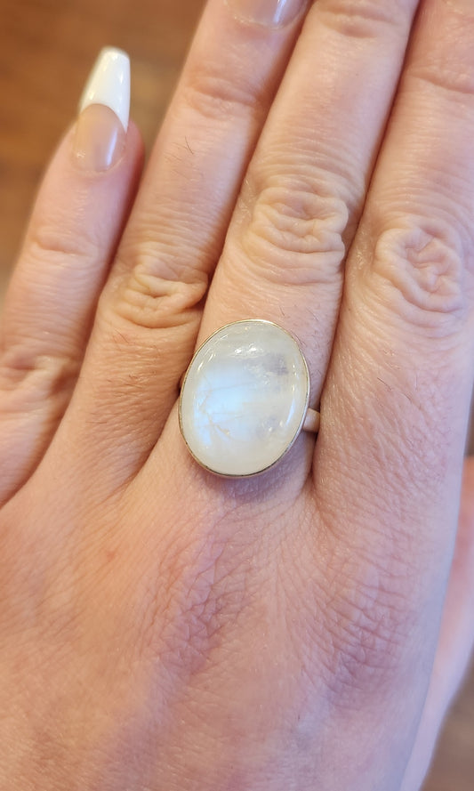 Sterling silver round rainbow moonstone ring