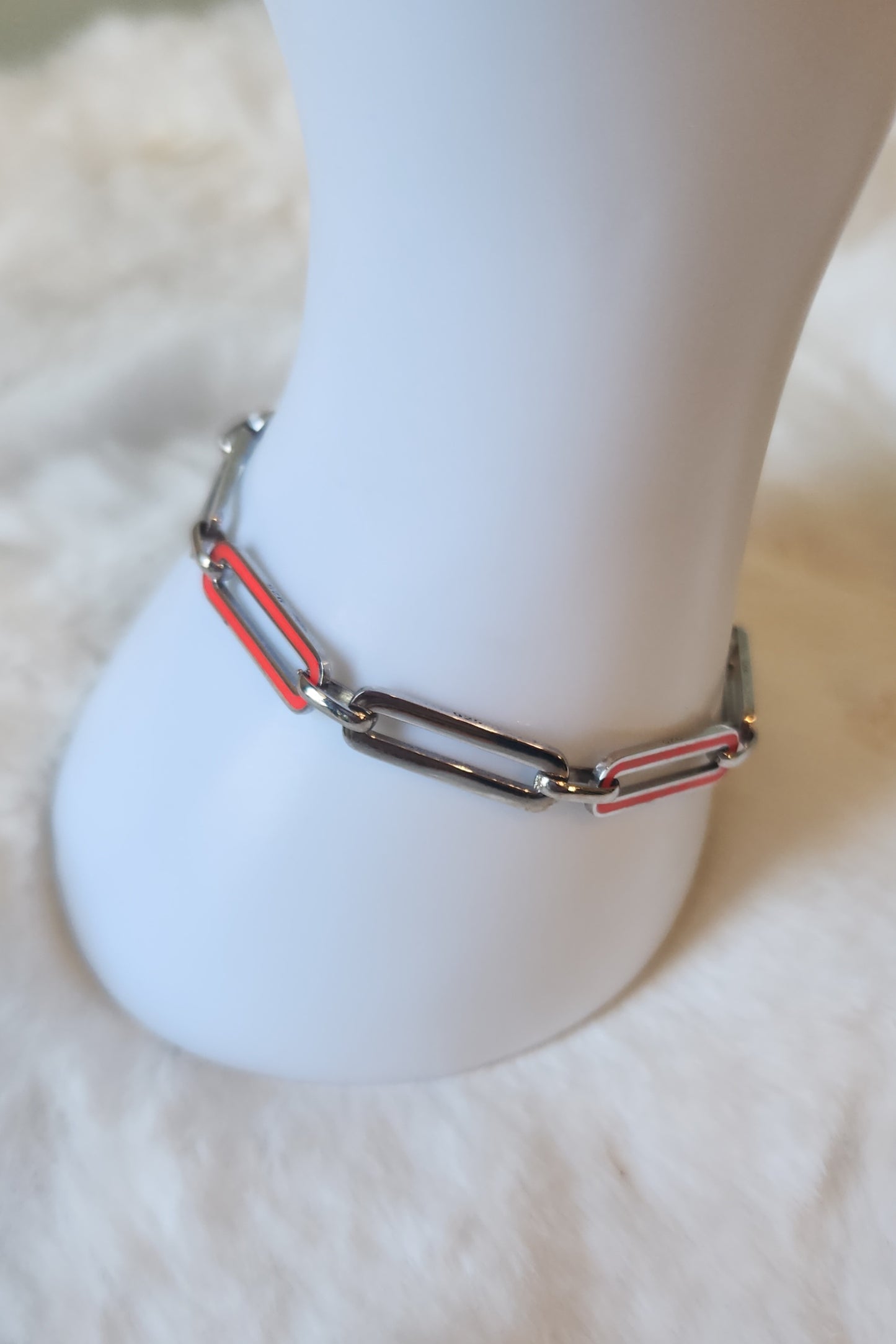 Sterling silver neon red enamel paperclip bracelet